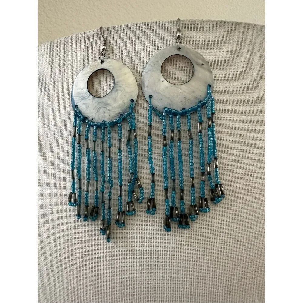 Boho Mother-of-Pearl Disc + Turquoise Seed-Bead Fringe Statement Earrings